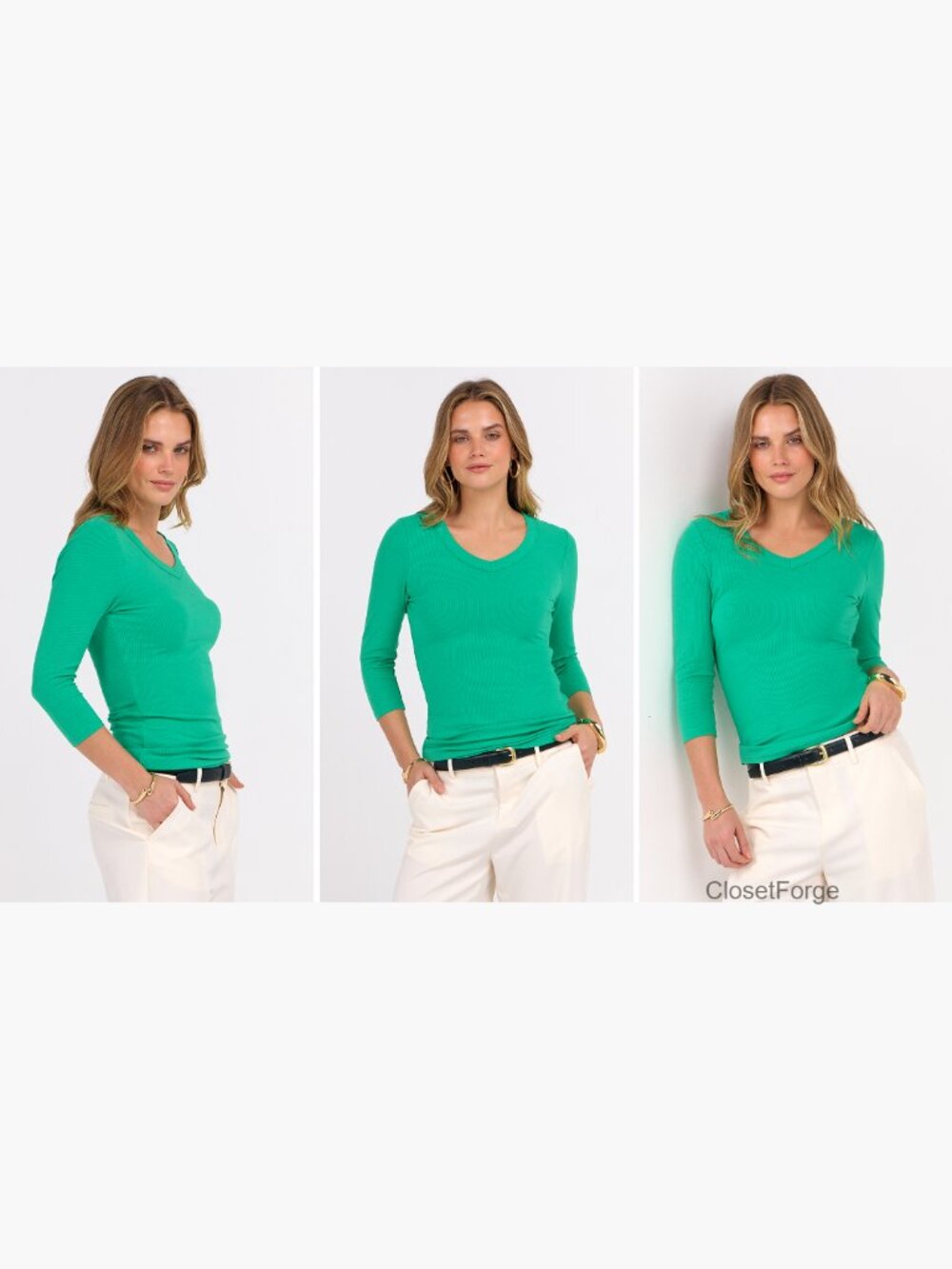 3/4 Length Sleeve Ribbed Knit V Neck Slim Fit T-Shirt - Picture 7 of 7